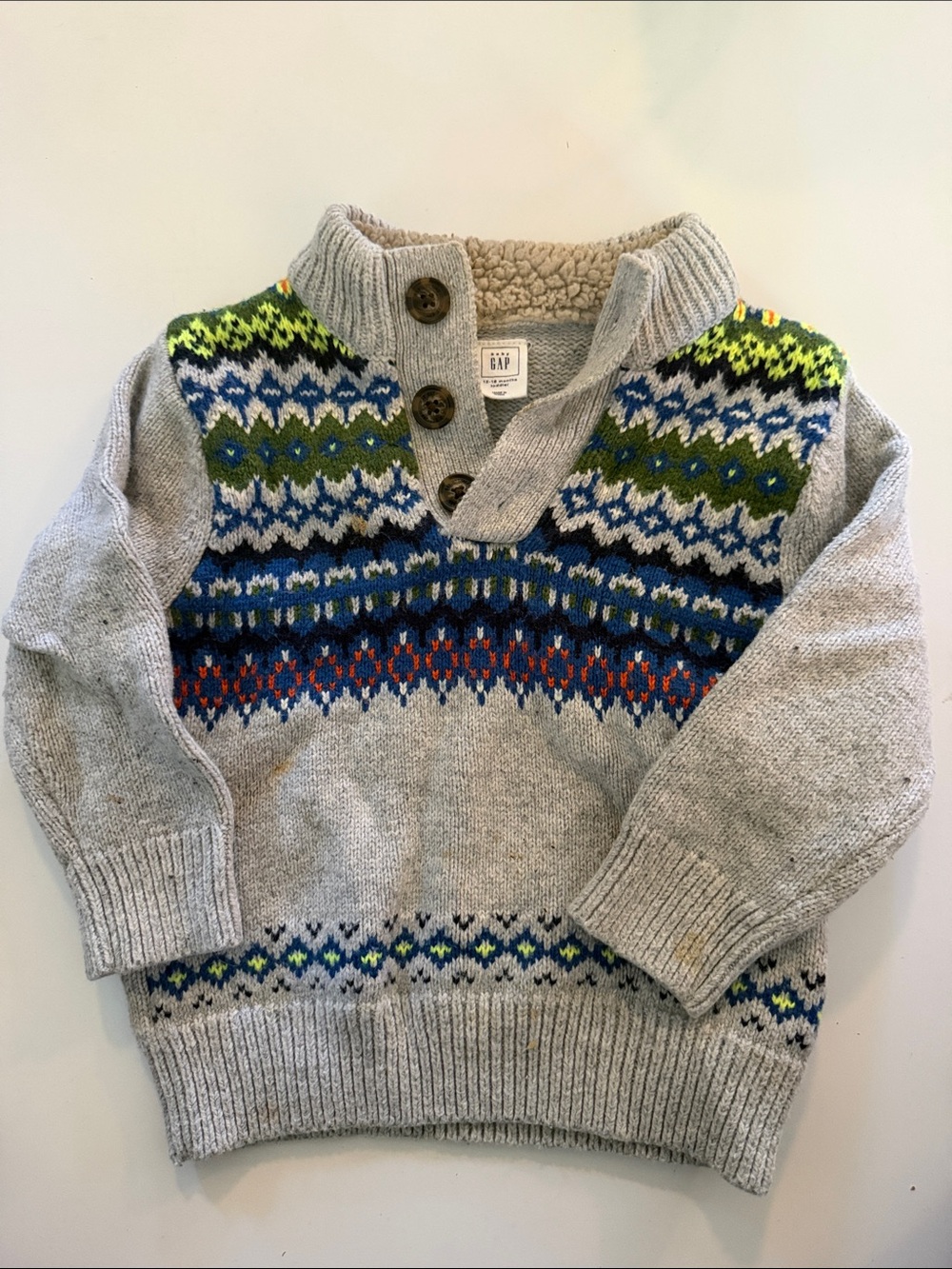 GAP Kids Light Gray Fair Isle Zip-Neck Sweater with Multicolor Yoke